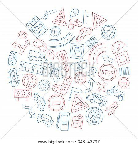 Set Of Cars, Road Objects, Traffic Signs And Automobile Symbols. Vector Illustration In Doodle Style