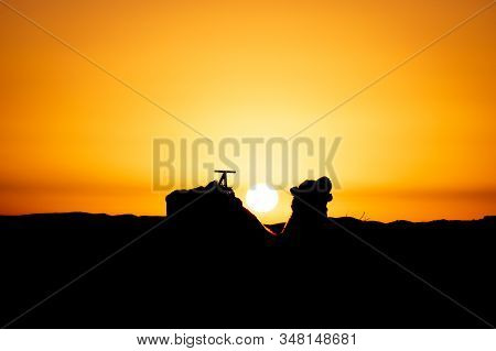 Camel Silhouette At Sunrise In Sahara Desert, Merzouga, Morocco
