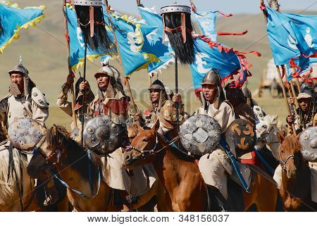 Ulaanbaatar, Mongolia - August 17, 2006: Mongolian Horse Riders Take Part In The Traditional Histori