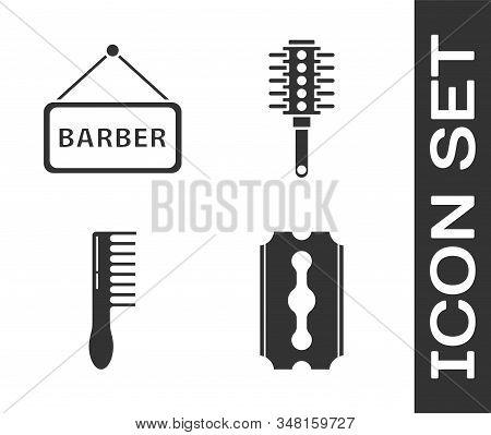 Set Blade Razor, Barbershop, Hairbrush And Hairbrush Icon. Vector