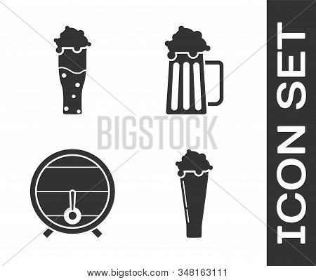 Set Glass Of Beer, Glass Of Beer, Wooden Barrel On Rack With Stopcock And Wooden Beer Mug Icon. Vect