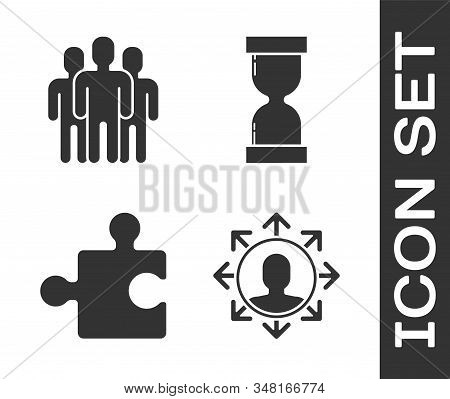 Set Project Team Base, Users Group, Piece Of Puzzle And Old Hourglass With Flowing Sand Icon. Vector
