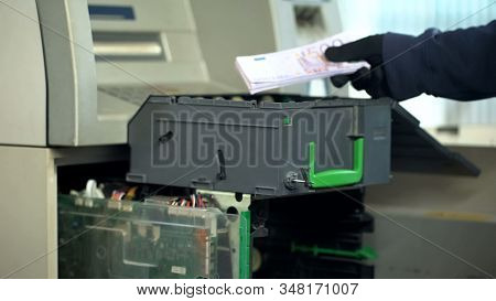 Bank Worker Replenishing Cases Of Atm With Euro Currency, Authorized Access