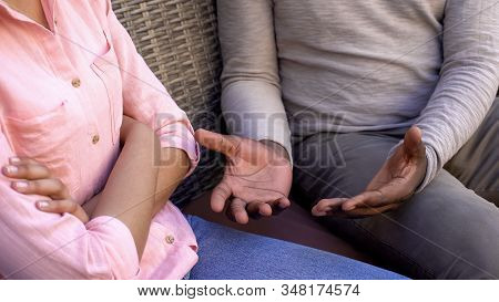 Male Trying To Make Up With Offended Girlfriend, Hands Close Up, Apologize