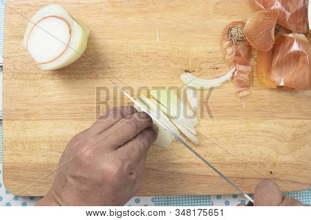Chef Cuttng Onion Before Cooking / Cooking Coleslaw Concepted