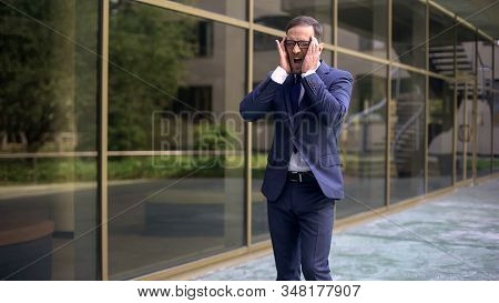 Businessman Shouting From Sudden Sharp Migraine Attack, Risk Of Thrombus, Health