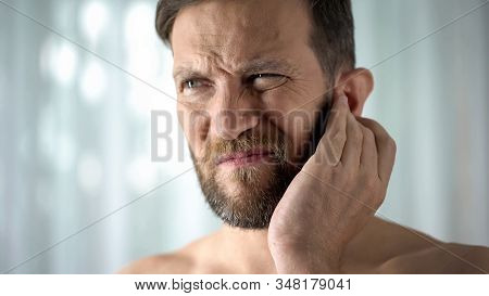 Sick Guy Feeling Ear Pain, Health Care, Neurological Infection, Itchiness Otitis