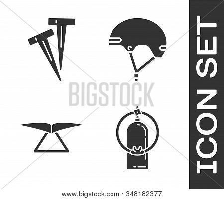 Set Aqualung, Pegs For Tents, Hang Glider And Helmet Icon. Vector