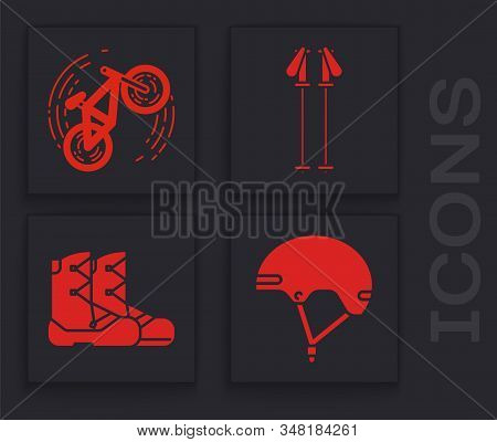 Set Helmet, Bicycle Trick, Ski Poles And Boots Icon. Vector