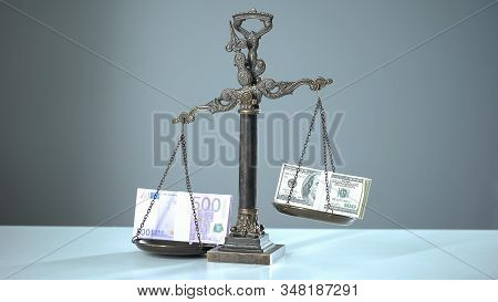 Euro And Dollar Banknotes On Scales, Currency Exchange, Economical Instability