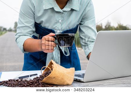 The Woman Inspected The Coffee Bean Quality And Recorded The Results.