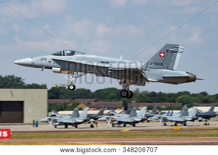 Fairford / United Kingdom - July 12, 2018: Swiss Air Force F/a-18c Hornet J-5010 Fighter Jet Display
