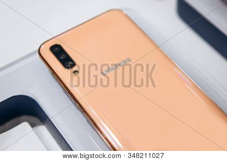 Turkey, Istanbul, December 20, 2019: Close-up Of The Back Cover Or Rear View Of The New Modern Samsu