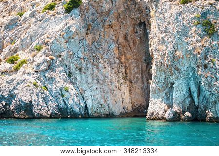 Seascape View To Turquoise Waters Of Aegean Sea In Island Moni Near Athens, Blue Caves.
