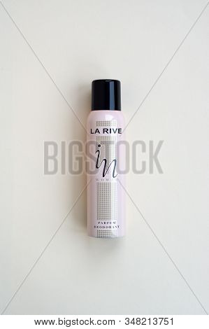 La Rive In Woman Deodorant Bottle On Beige Background. La Rive S.a. Is One Of The Leading Producers 
