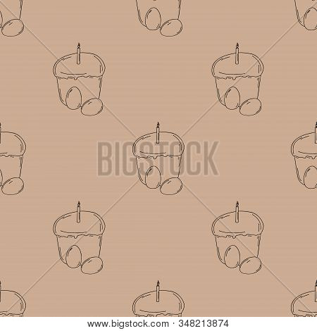 Easter Cake With A Candle And Eggs. Hand Drawing With A Line. On A Beige Background. For The Spring 