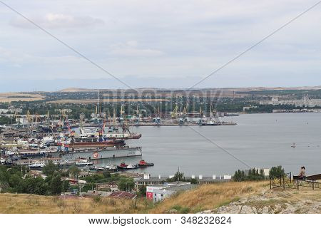 Kerch, Crimea - Jane 24, 2018: View From Mount Mithridates To The Sea Trading Port. Dry Cargo Ship E