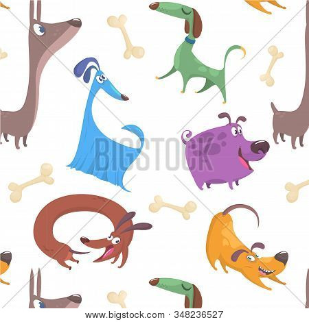 Seamless Pattern With Cute And Funny Cartoon Dog Pupies On White Background