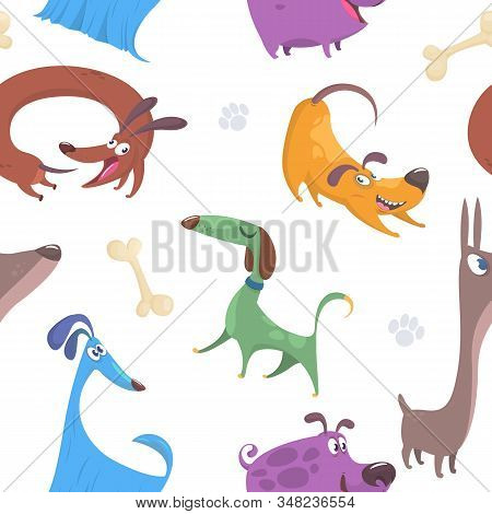 Seamless Pattern With Cute And Funny Cartoon Dog Pupies On White Background