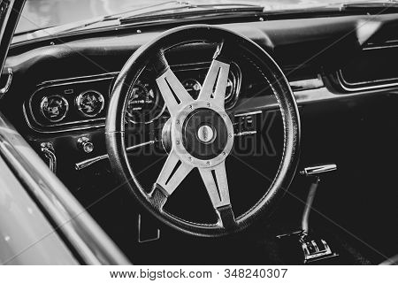 Brecht/belgium - September 22 2019: A Black And White Portrait Of The Steering Wheel, Dashboard And 