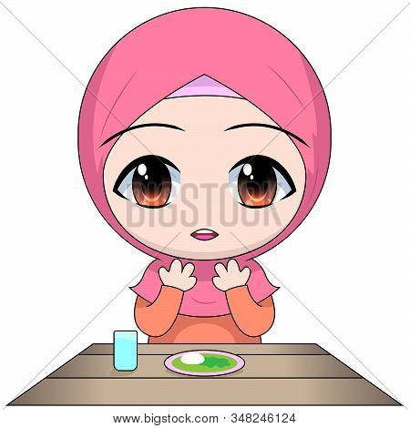 Chibi Muslim Female Cartoon Characters. The Standing Pose Looks Beside The Prayer In Islam. Cartoon