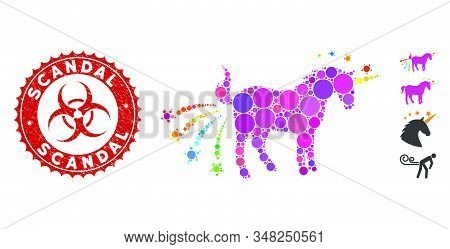Mosaic Farting Unicorn Icon And Grunge Stamp Seal With Scandal Text And Biohazard Symbol. Mosaic Vec