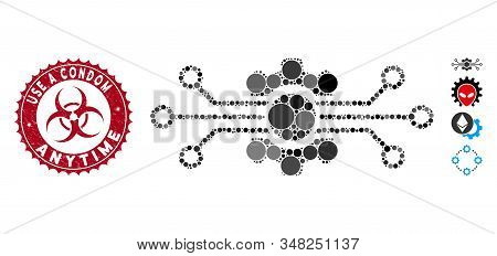 Collage Digital Tech Icon And Distressed Stamp Seal With Use A Condom Anytime Phrase And Biohazard S