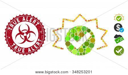 Mosaic True Alert Icon And Grunge Stamp Watermark With True Alert Phrase And Biohazard Symbol. Mosai
