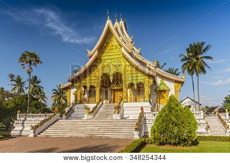 Horizontal View Of The Palace Chapel Or Haw Pha Bang In Luang Prabang On A Sunny Day, Laos.