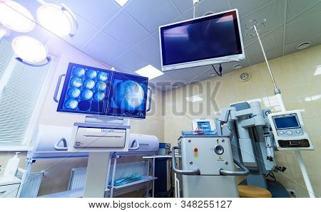 Medical Devices, Interior Hospital Design Concept. Interior Of Operating Room In Modern Clinic, Scre