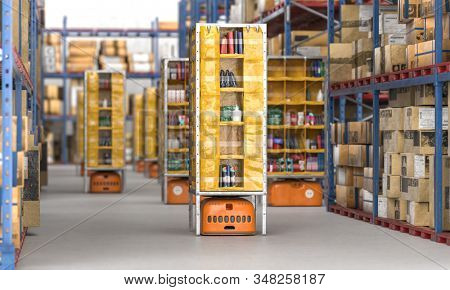 classic warehouse full of goods with automated drones in operation. concept of technology linked to logistics and the manufacturing company. 3d render. selective focus.nobody.