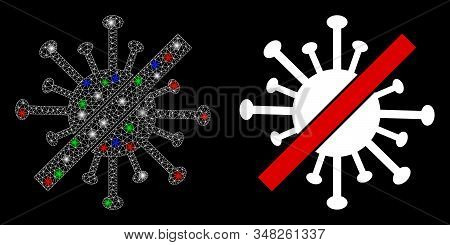 Glossy White Mesh No Coronavirus With Sparkle Effect. Abstract Illuminated Model Of No Coronavirus. 