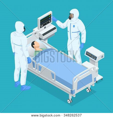 Isometric Concept Of Icu Room In A Hospital With Medical Equipment And Ospitalized Man Lying In Bed 