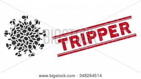 Collage Sars Virus Icon And Rubber Stamp Seal With Red Tripper Phrase Between Double Parallel Lines.