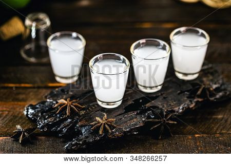 Traditional Arabic Alcohol Drinks Raki With Anise, Rustic Wooden Background With Space For Text.