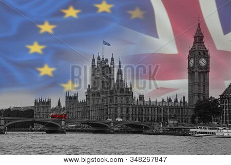 Brexit Conceptual Image With Flags Of United Kingdom And European Union Over A Image Of London.