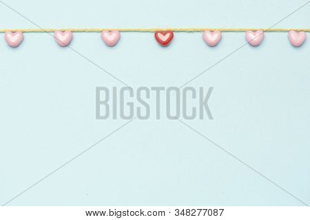 Valentine's Day Background. Pink Hearts On Pastel Blue Background. Valentines Day Concept. Flat Lay,