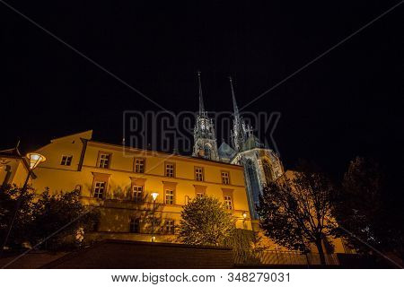Brno Cathedral Of Saints Peter And Paul, Seen From The Bottow Of Petro Hill, At Night, Surrounded By