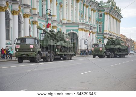 Saint Petersburg, Russia - May 07, 2017: Transportation Of Military Equipment For The Victory Day Pa