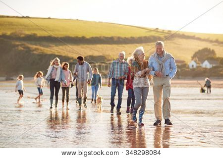 Active Multi-Generation Family With Dog Walking Along Shore On Winter Beach Vacation