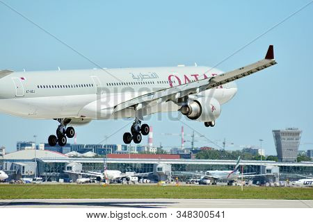 Warsaw, Poland. 8 June 2018. Plane A7-aej Qatar Airways Airbus A330-302 Just Before Landing At The C
