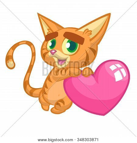 Cartoon Funny Kitty Holding A Heart Love. Illustration For St Valentines Day.