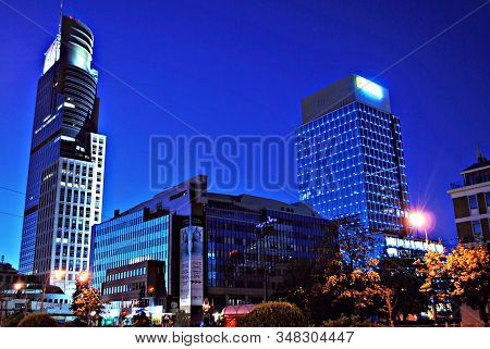 Warsaw,poland. 21 February 2017. Rondo Daszynskiego. Buildings At Night And  Roving Car With Blur Li