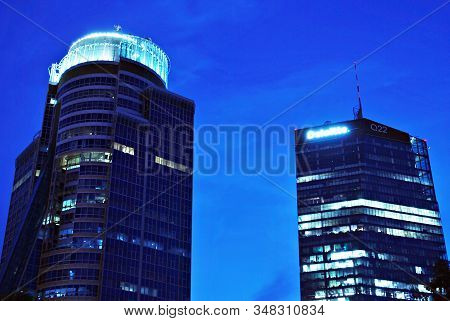 Warsaw,poland 19 May 2017. Panoramic And Perspective Wide Angle View To Steel Blue Background Of Gla