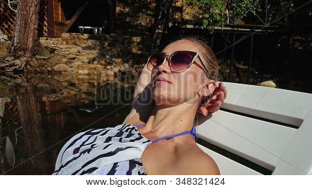 Woman Shooting Self Portrait. Take Photo And Video On Smartphone. Girl Rest, Relax, Walk In Sunglass