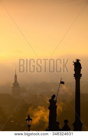Sunrise Over Lesser Town, Prague, Czech Republic. Lessere Town Is A Hillside Area With Views Across 