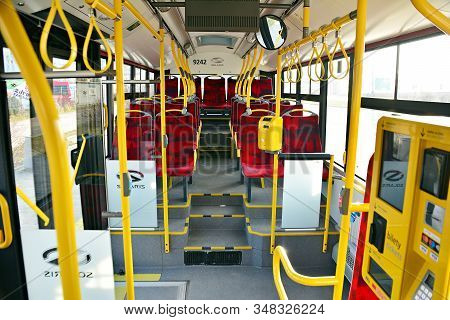 Warsaw, Poland. 4 February 2018.interior Of A City Bus. Ricket Validator And Ticket Sales Machine