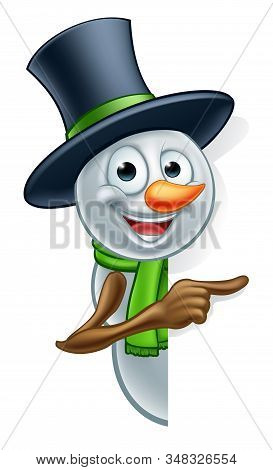 A Happy Christmas Peeking Snowman Cartoon Character Pointing
