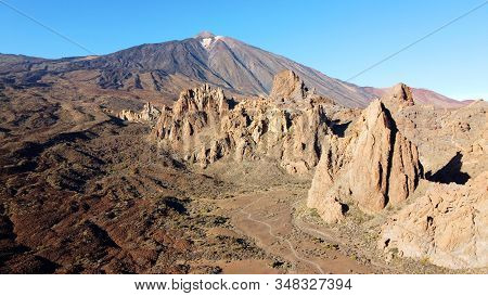 Drone Shot From The Volcano Teide On Canary Island Tenerife. With On The Foreground Rocks And On The