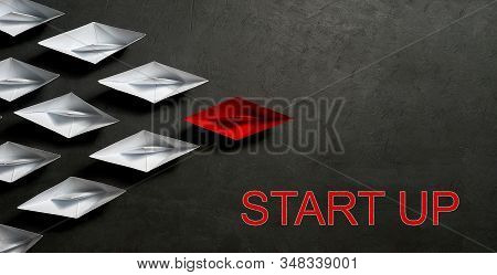 Business Concept, Paper Boat, The Key Opinion Leader, The Concept Of Influence. One Red Paper Boat A